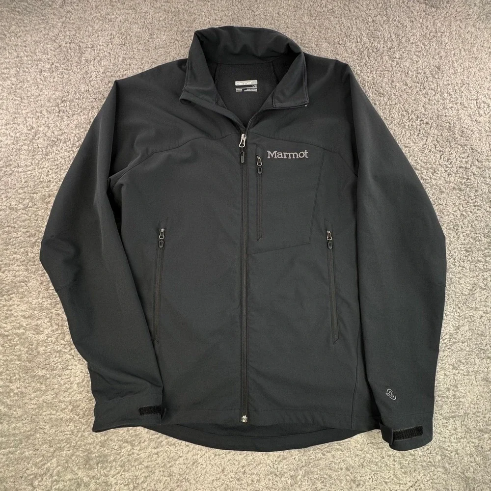 Marmot Mens Black Softshell Full Zip Jacket Large Mock Neck Outdoor *FLAW - Picture 1 of 11